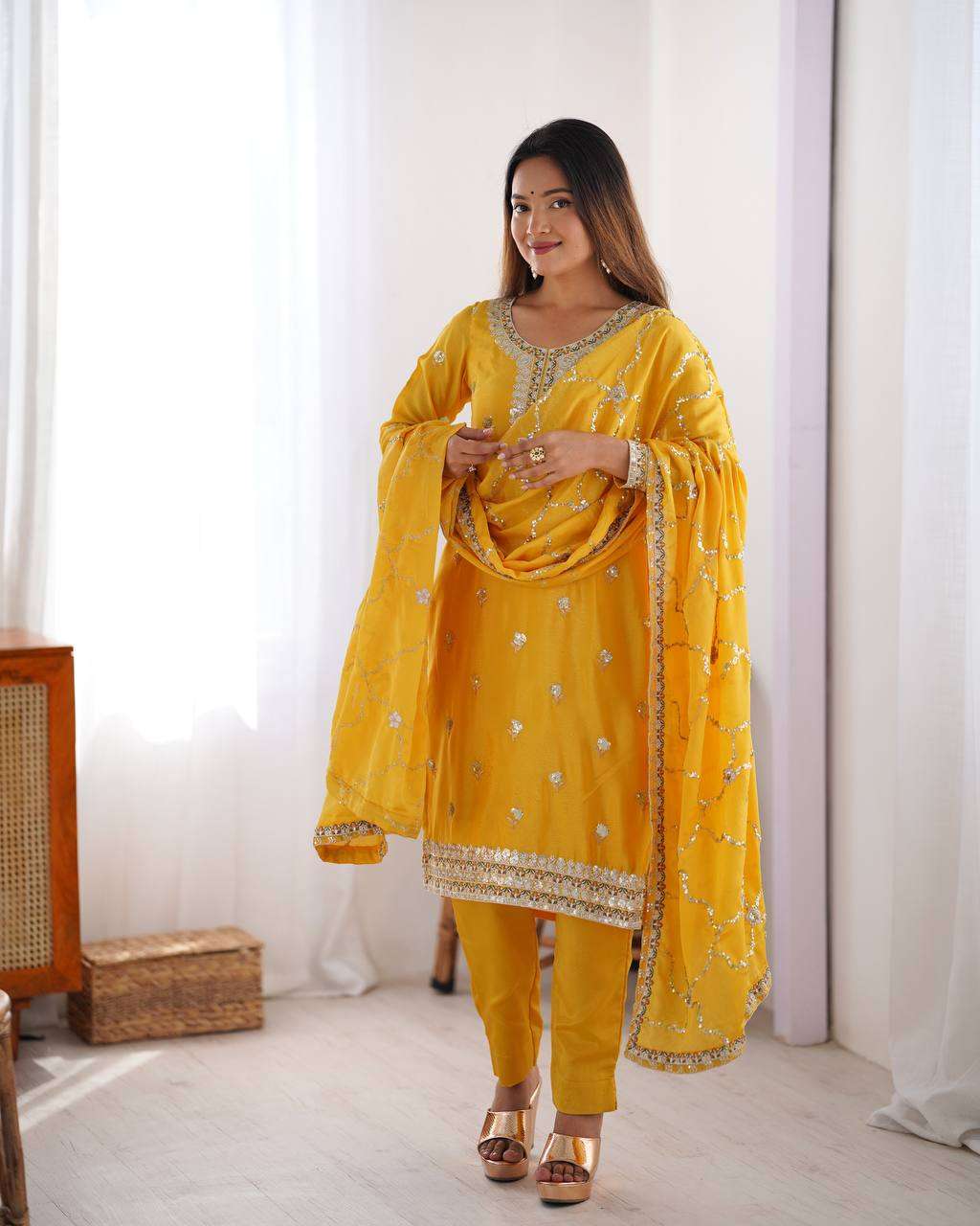 Women's Chinon Silk Embroidered Straight Kurti with Pant And Dupatta Set - Image 3