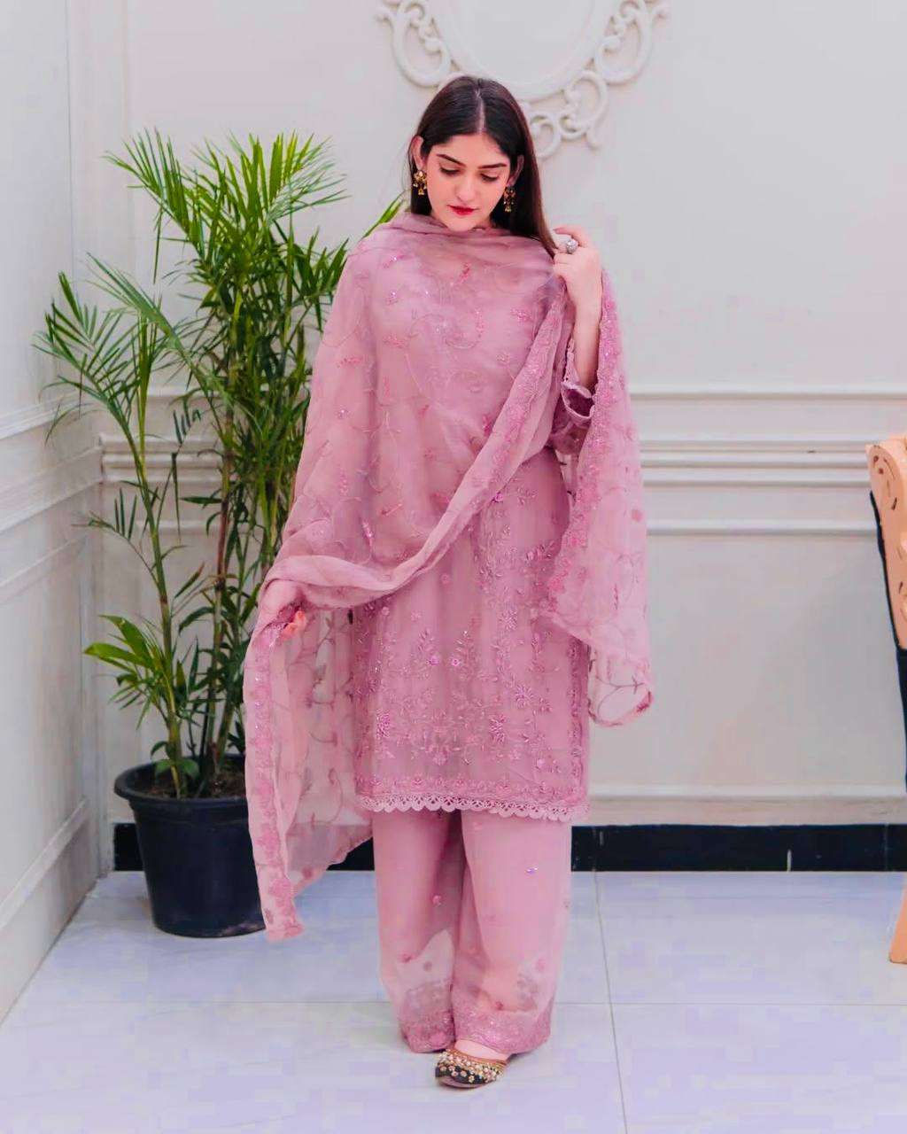 Women's Faux Georgette Embroidery work Straight Kurti With Pant and Dupatta Set - Image 4