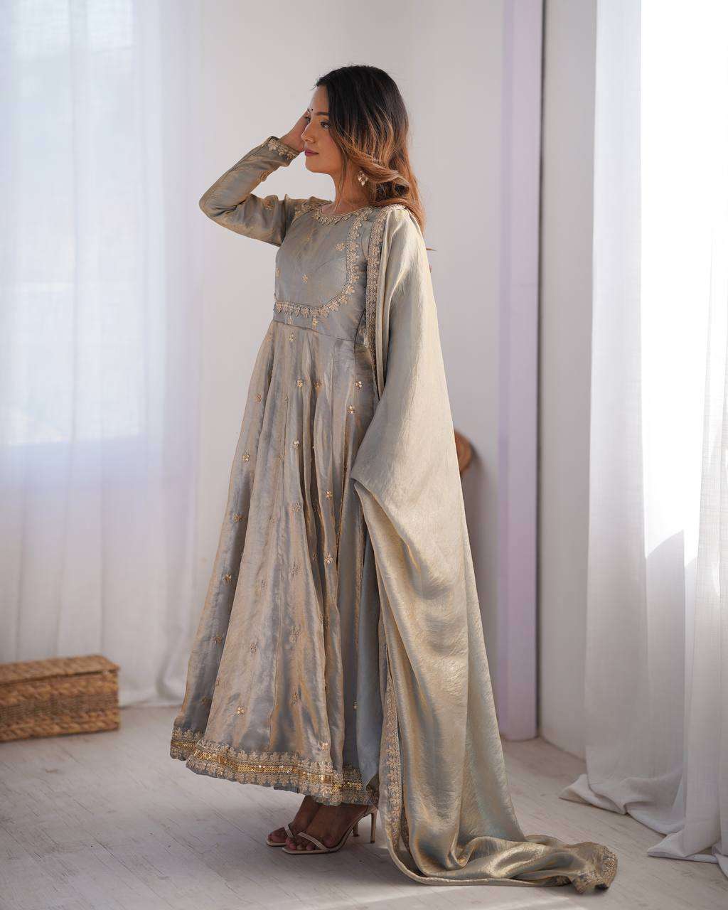 Women's Fandy Silk Coding with Sequnce work Long Anarkali Kurti Gown With Dupatta - Image 2
