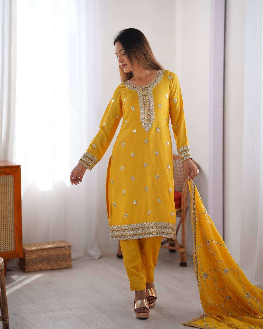 Women's Chinon Silk Embroidered Straight Kurti with Pant And Dupatta Set - Image 2