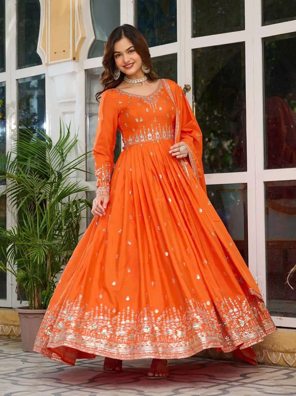 Women's American Silk Sequence Embroidery Long Anarkali Kurti (Gown) With Dupatta - Image 3